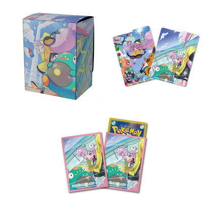 The exterior of the Pokémon Center Gym Set box featuring a snowy mountain landscape and a desert landscape with Iono character artwork on the accessories.