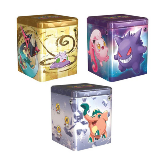 2024 Pokémon TCG Stacking Tin featuring themed artwork and contents including booster packs and sticker sheets.