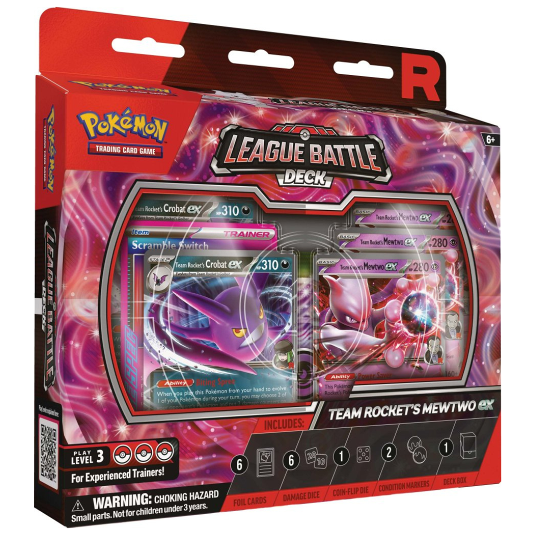Packaging for the Pokémon TCG Team Rocket’s Mewtwo ex League Battle Deck, showing Mewtwo ex with a purple and black Team Rocket themed design.
