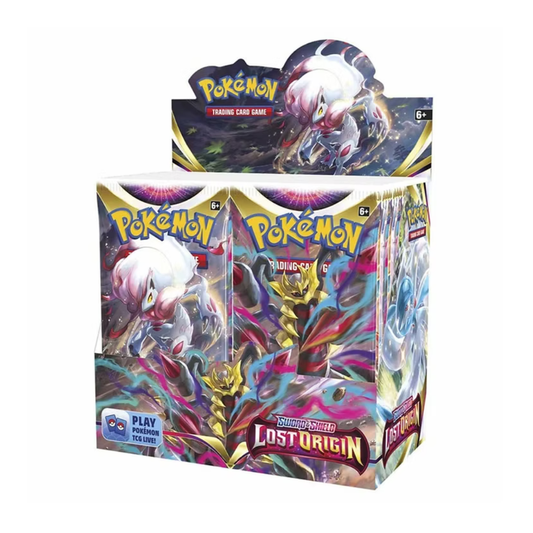 The Pokémon TCG Sword & Shield—Lost Origin Booster Display Box featuring Giratina VSTAR artwork and 36 factory-sealed booster packs.