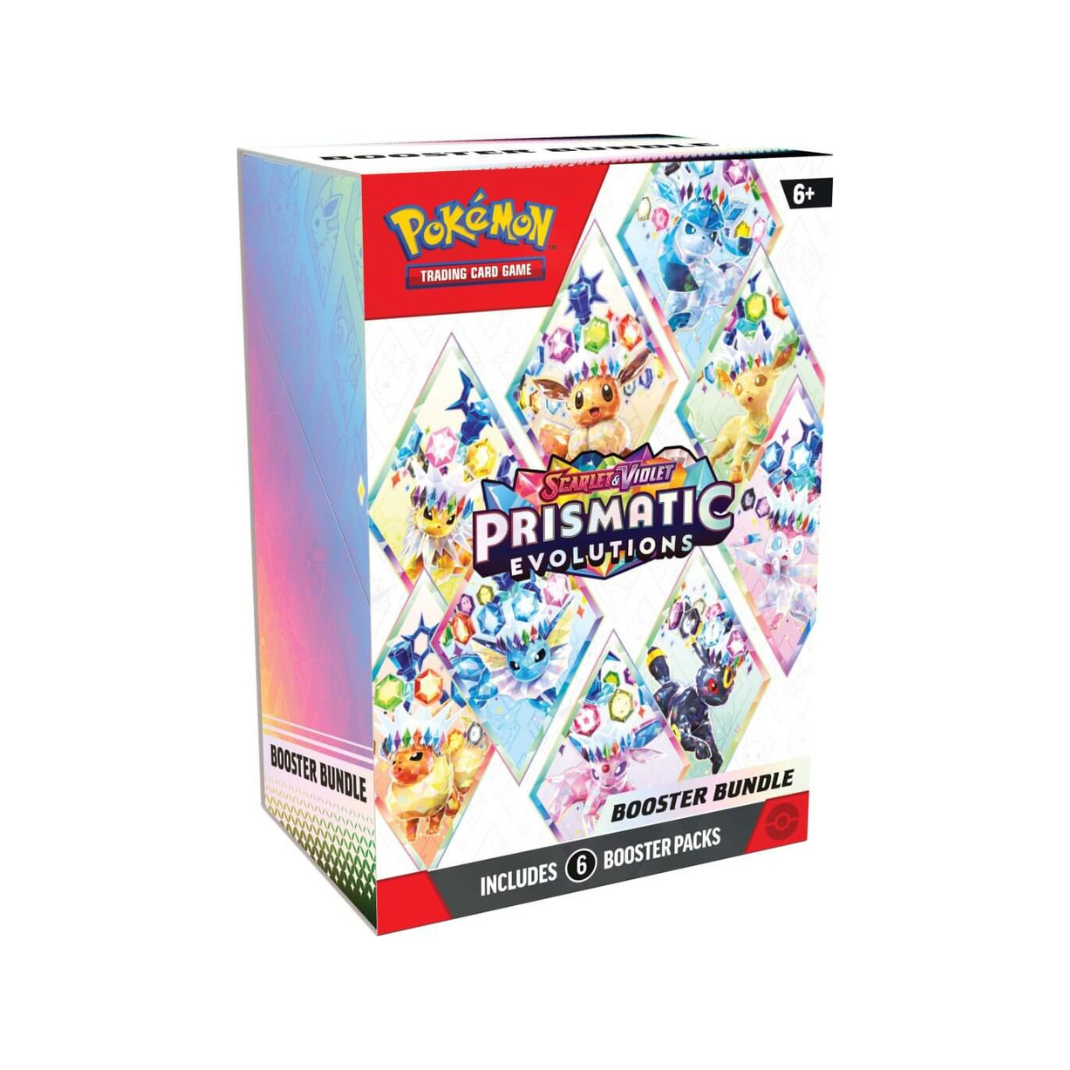 Pokémon Prismatic Evolutions trading card game booster bundle packaging on a white background