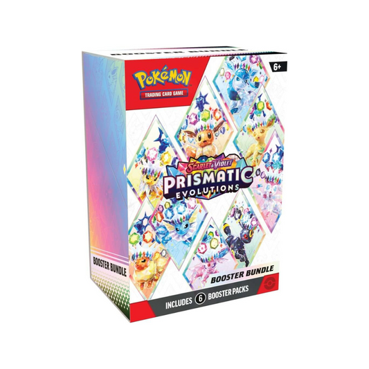 Pokémon Prismatic Evolutions trading card game booster bundle packaging on a white background