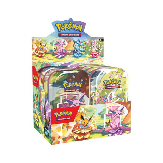 Pokémon TCG Prismatic Evolutions Mini Tin – Includes 2 booster packs and 1 art card in a Scarlet & Violet 8.5 themed collectible tin.
