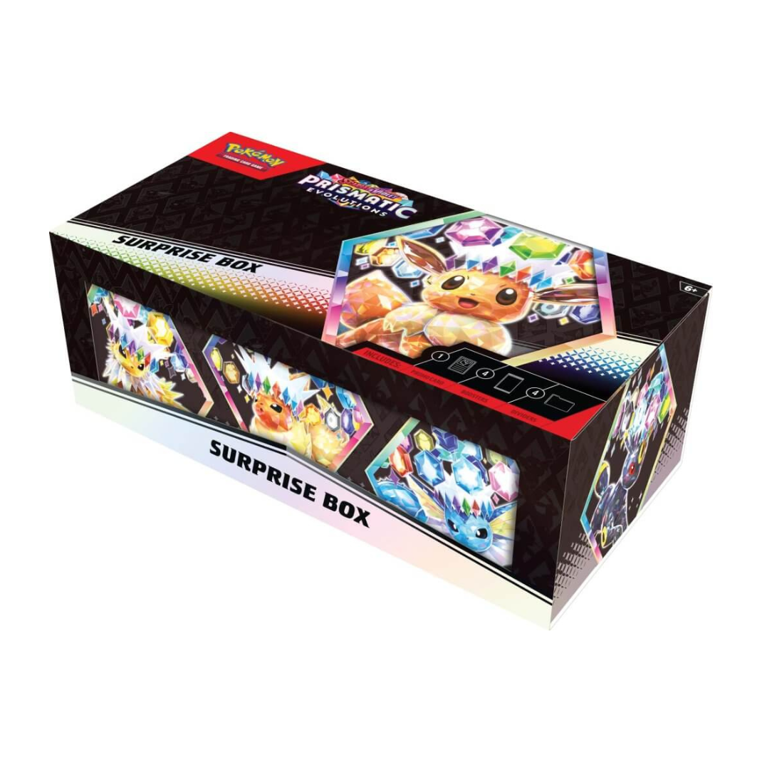 Pokémon TCG Prismatic Evolutions Surprise Box – Scarlet & Violet 8.5 set with foil card and booster packs.