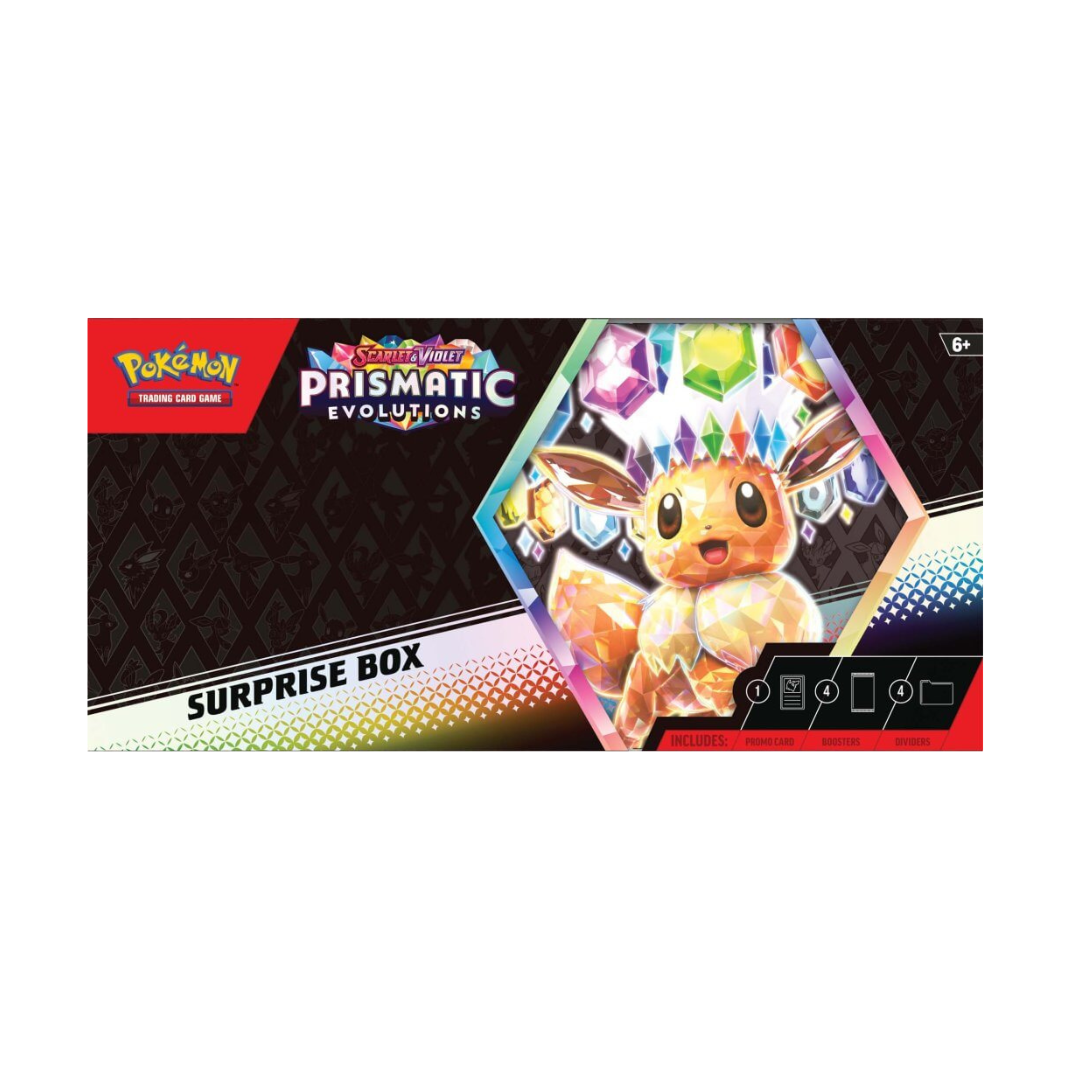 Pokémon Prismatic Evolution trading card game surprise box with Eevee illustration on a white background