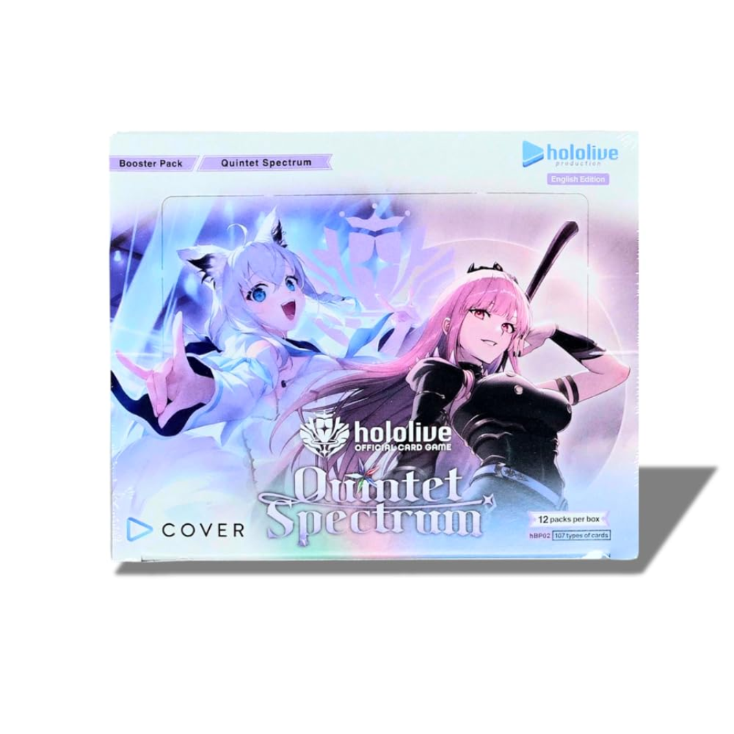 Front layout view of the factory-sealed Hololive Official Card Game: Quintet Spectrum Booster Box highlighting the vibrant Purple Attribute character artwork.
