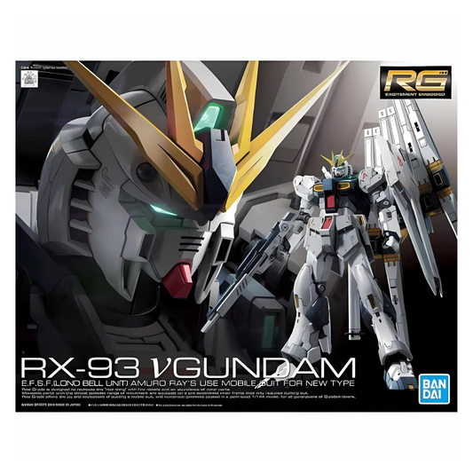 Model kit packaging of RX-93 ν Gundam with Bandai logo.