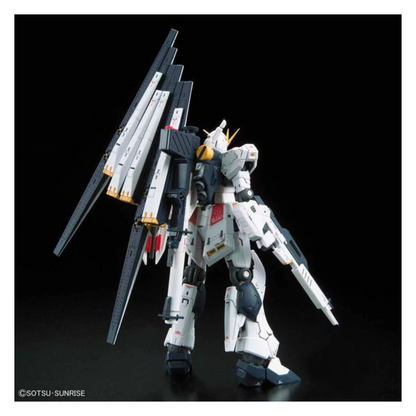 Bandai RG-32 Nu Gundam fully assembled model with fin funnels posed in dynamic stance