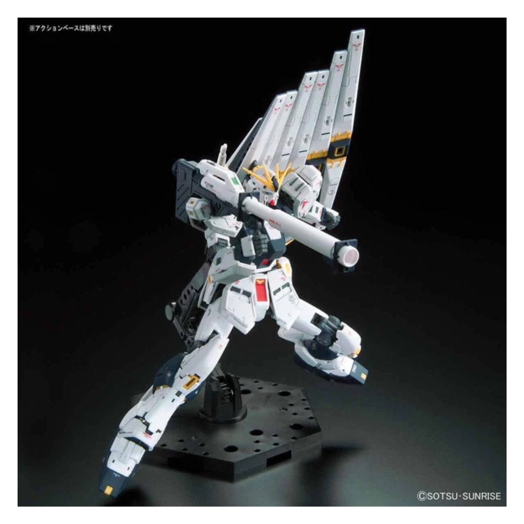 Bandai RG-32 Nu Gundam fully assembled model with fin funnels posed in dynamic stance