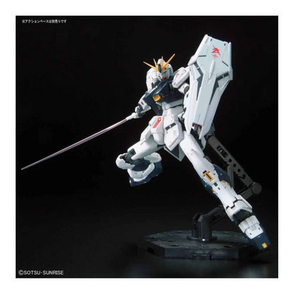Bandai RG-32 Nu Gundam fully assembled model with fin funnels posed in dynamic stance