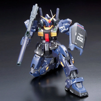 The RG RX-178 Gundam MK-II Titans in a dynamic crouching action pose