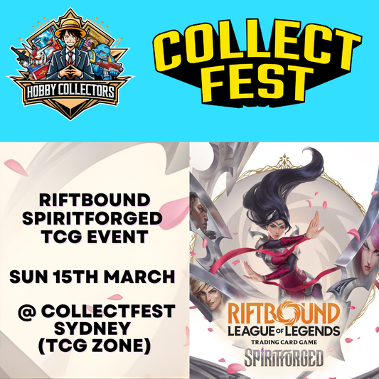 Advertisement for a 'Riftbound Spiritforged TCG Event' at CollectFest Sydney with promotional graphics and text.