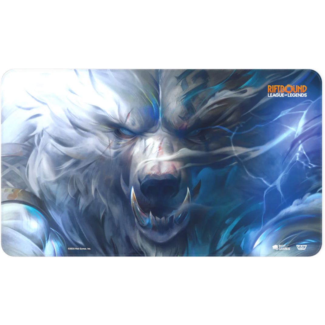 The official Riftbound League of Legends TCG Origins playmat featuring Volibear artwork with premium blue stitched bound edges.