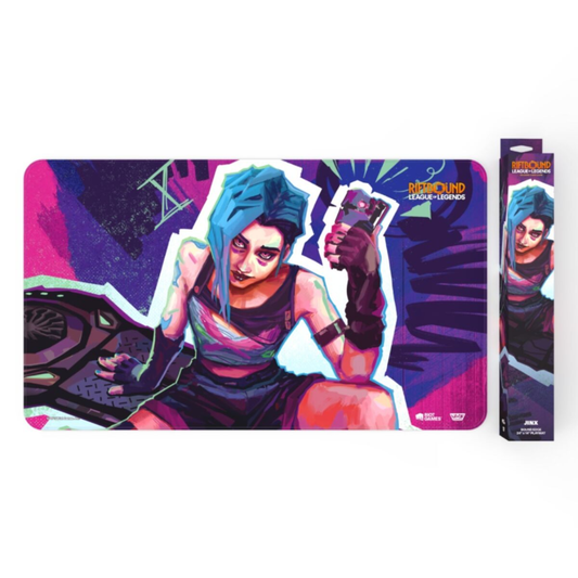 Official Riftbound League of Legends TCG Playmat Origins Jinx edition showing full character artwork laid flat on a tabletop.