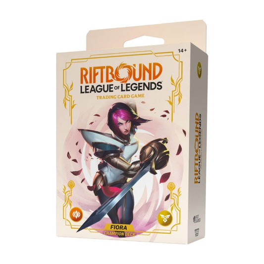 The Riftbound: League of Legends TCG Spiritforged Fiora Champion Deck box, featuring artwork of the Grand Duelist and a Spiritforged booster pack.