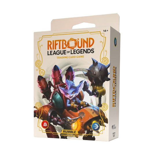 The Riftbound: League of Legends TCG Spiritforged Rumble Champion Deck box, featuring artwork of Rumble in his mech and a Spiritforged booster pack.