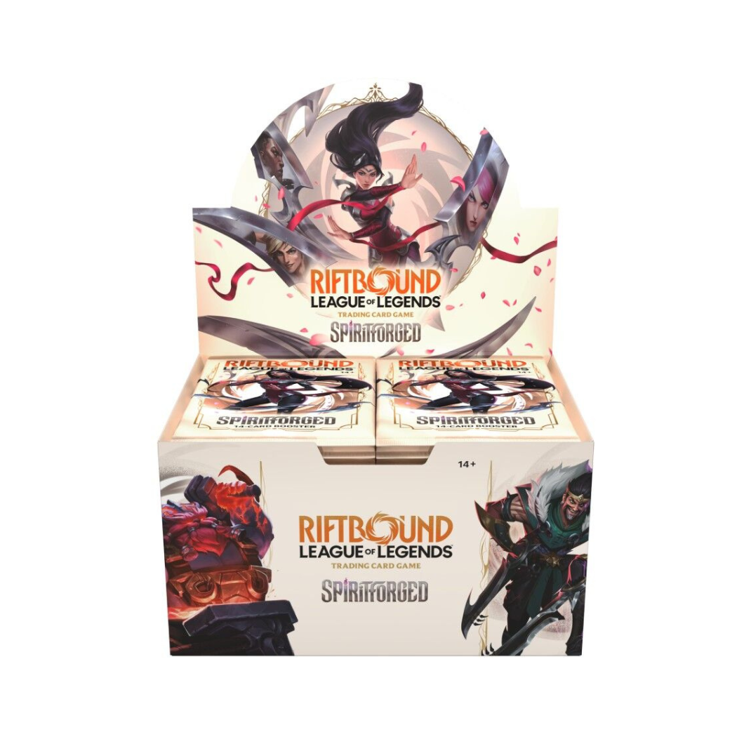 A factory-sealed Riftbound: League of Legends TCG Spiritforged Booster Display box featuring Irelia and Spirit Blossom artwork.