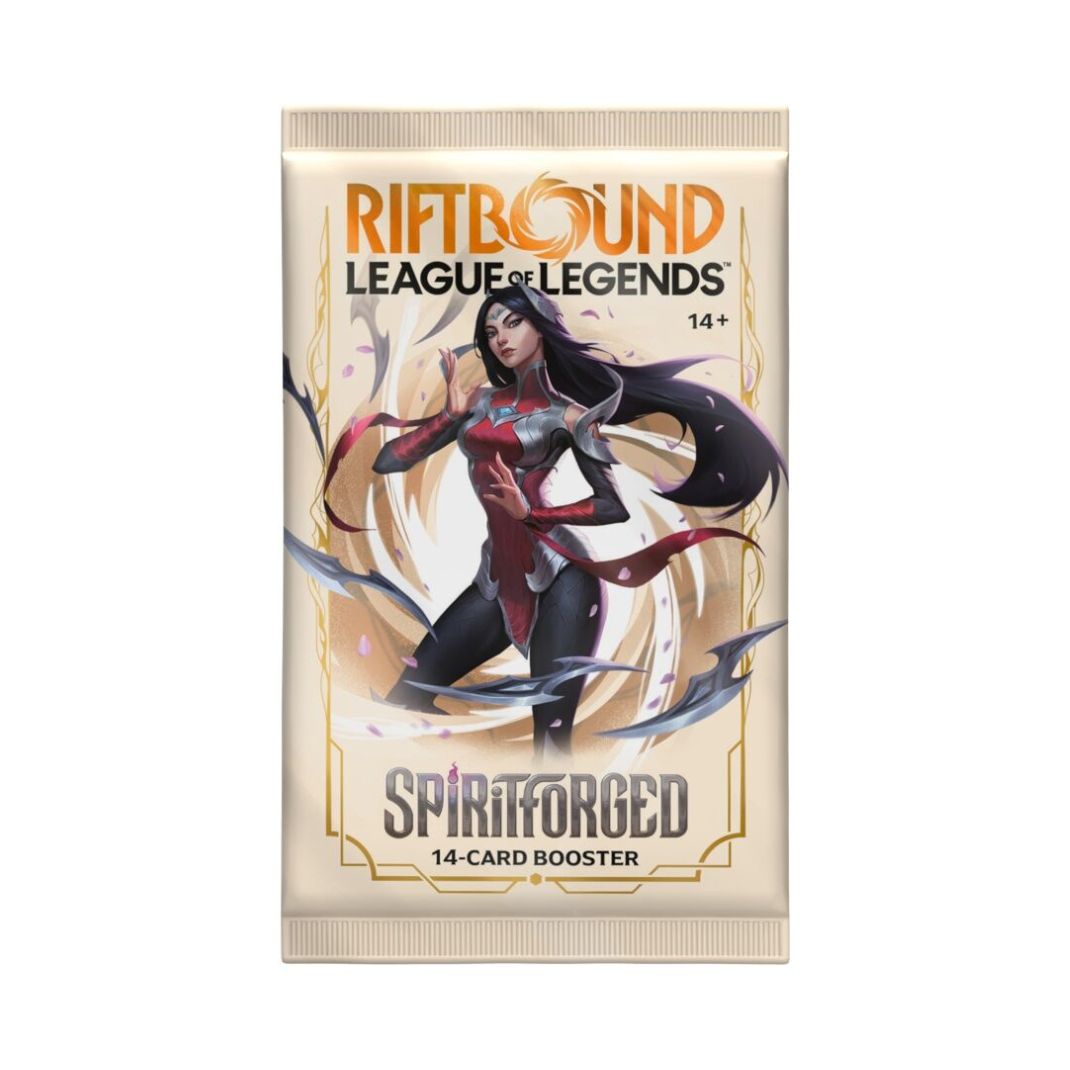 A factory-sealed Riftbound: League of Legends TCG Spiritforged Booster Display box featuring Irelia and Spirit Blossom artwork.
