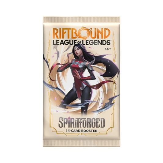 A factory-sealed Riftbound: League of Legends TCG Spiritforged Booster Display box featuring Irelia and Spirit Blossom artwork.