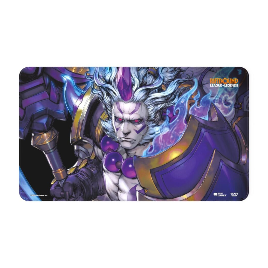 Official Riftbound: League of Legends TCG Spiritforged playmat featuring Spirit Blossom Darius with his mythic axe and blue ethereal armor accents.