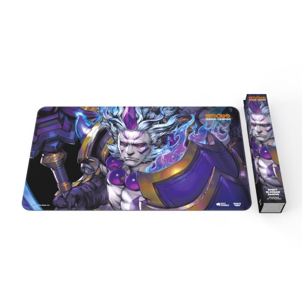 Official Riftbound: League of Legends TCG Spiritforged playmat featuring Spirit Blossom Darius with his mythic axe and blue ethereal armor accents.