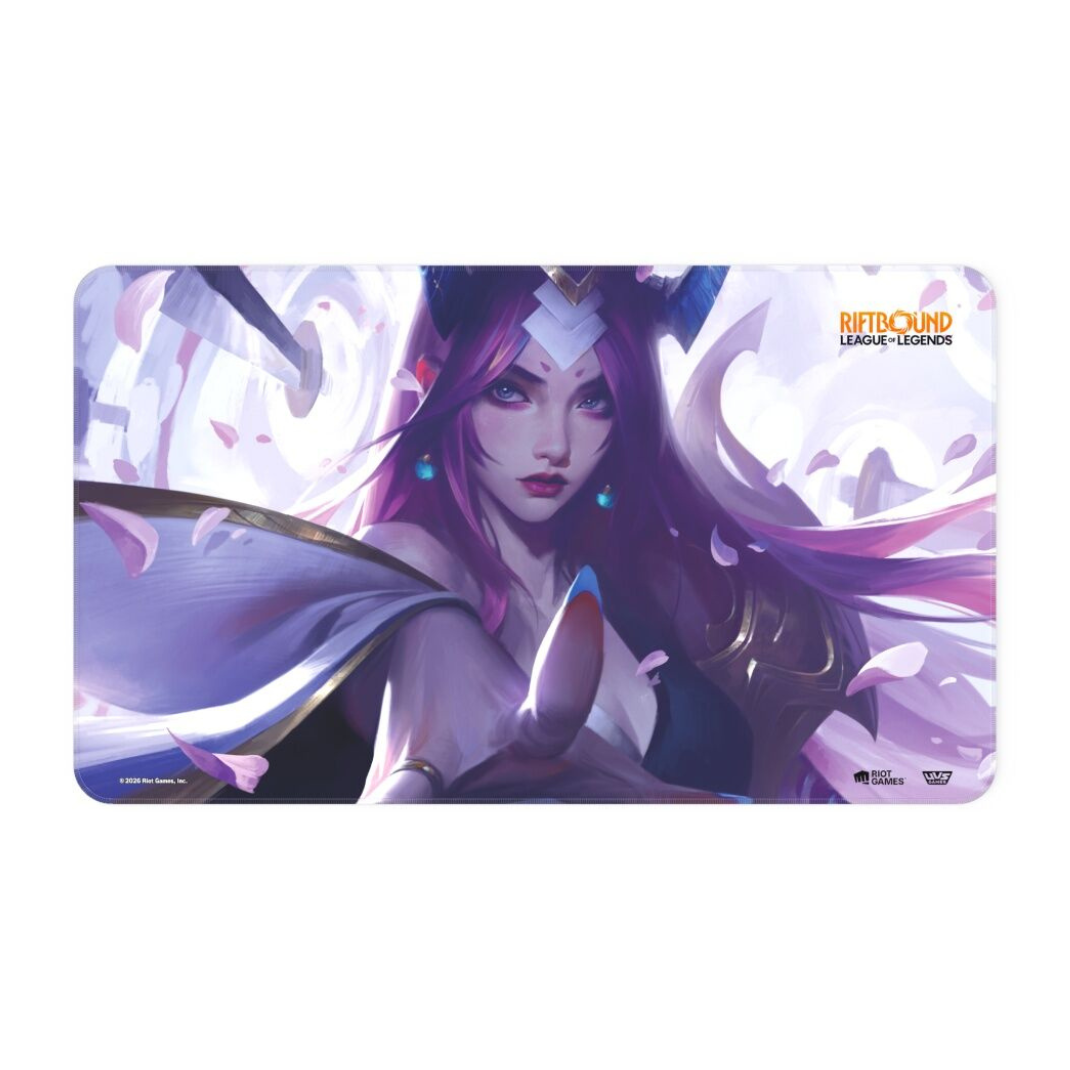 Official Riftbound: League of Legends TCG Spiritforged playmat featuring Spirit Blossom Irelia with floating blades and pink spirit energy.
