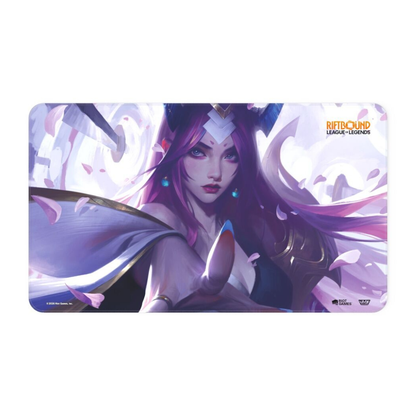 Official Riftbound: League of Legends TCG Spiritforged playmat featuring Spirit Blossom Irelia with floating blades and pink spirit energy.