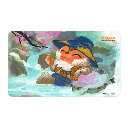 Official Riftbound: League of Legends TCG Spiritforged playmat featuring Spirit Blossom Teemo with his blowpipe and ethereal flower crown.