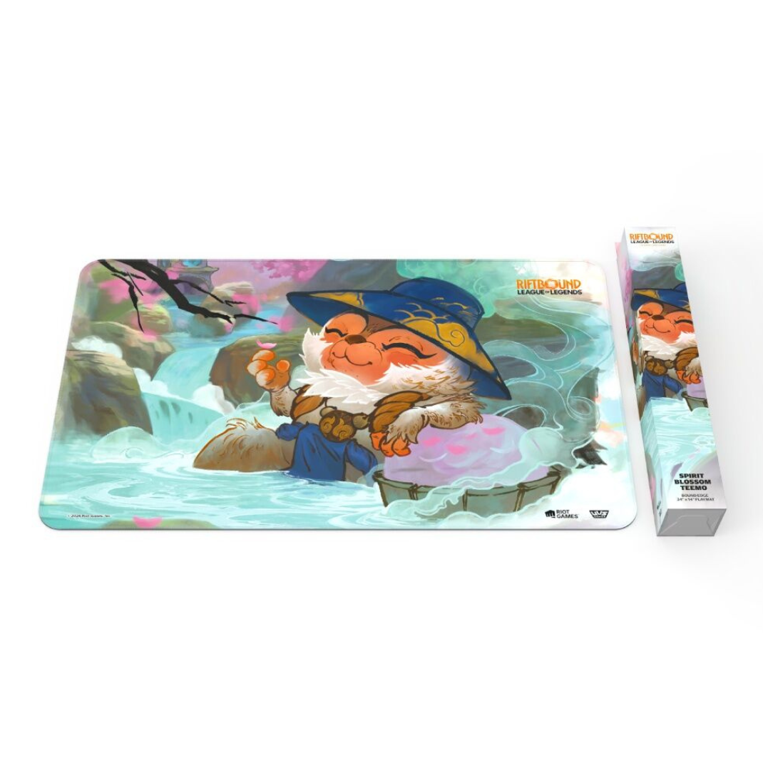 Official Riftbound: League of Legends TCG Spiritforged playmat featuring Spirit Blossom Teemo with his blowpipe and ethereal flower crown.