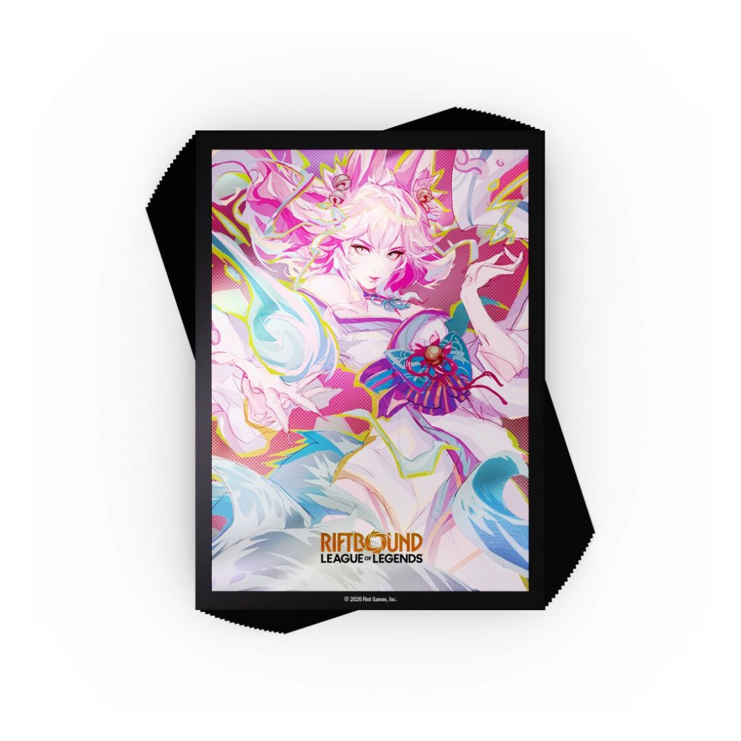 A pack of 100 Riftbound: League of Legends TCG Spiritforged card sleeves featuring Spirit Blossom Ahri art.