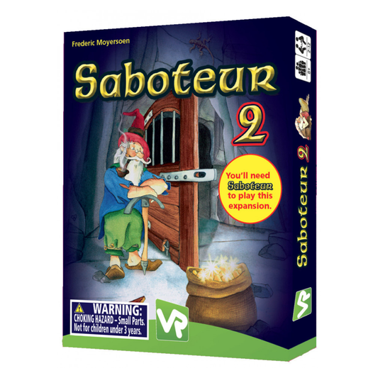 Saboteur 2 card game expansion box showing a group of dwarves in a mine, featuring new path cards like ladders and bridges in the foreground.