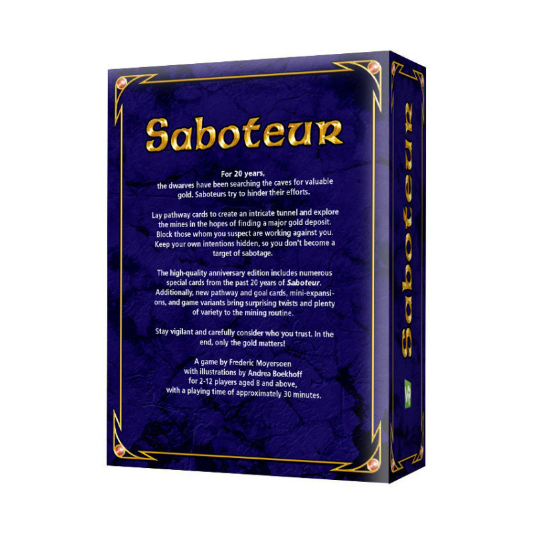 Saboteur 20 Years Jubilee Edition card game box with foil design, updated artwork, and premium components.