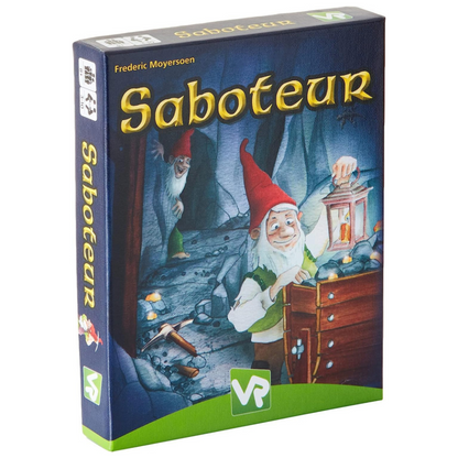 Saboteur card game box with illustrated dwarf characters, path cards, and role cards displayed.