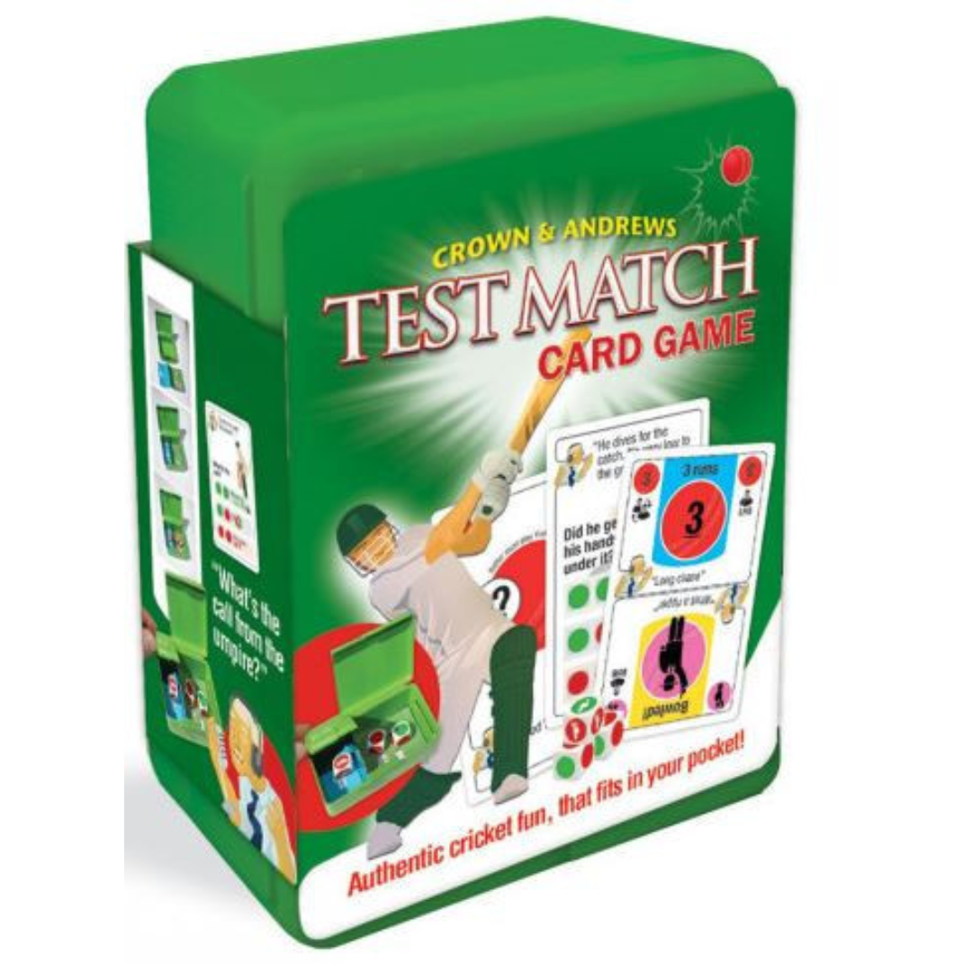 Snapbox Test Match compact tin showing cricket-themed branding and game dice.