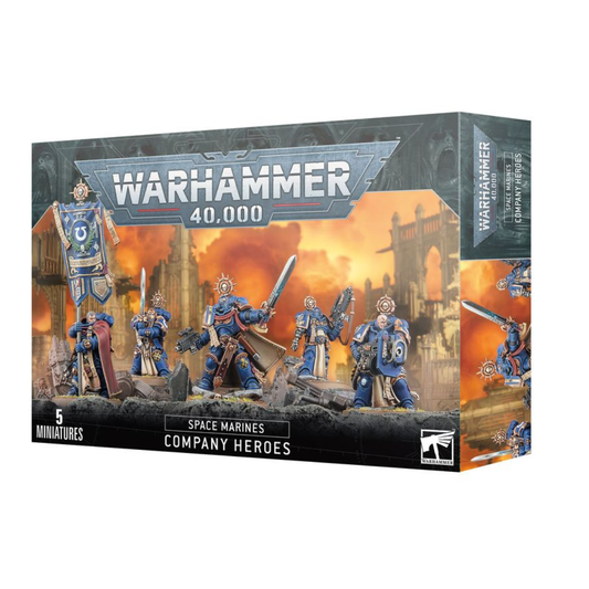Warhammer 40,000 Space Marines Company Heroes kit showing a Captain, a Company Ancient with a banner, a Company Champion, and two Veterans in ornate power armor.