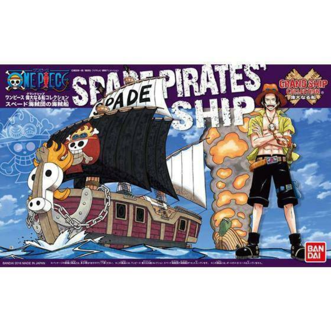 Official box art packaging for the One Piece Grand Ship Collection Spade Pirates Ship model kit showing the black and orange vessel sailing through roaring ocean waves.
