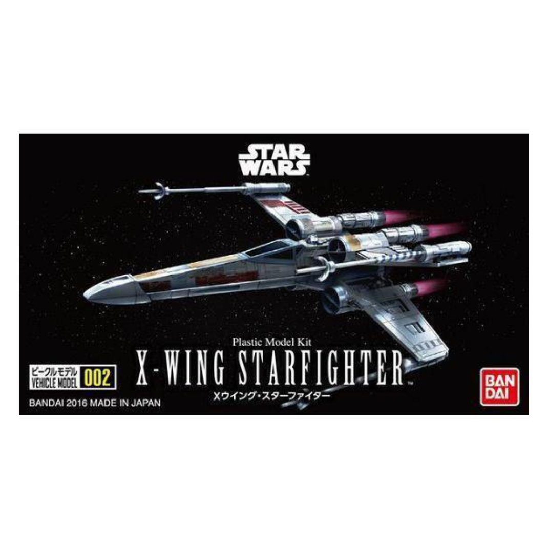 Bandai Star Wars Vehicle Model 002 X-Wing Starfighter plastic model kit, featuring the T-65 starfighter with open S-foils mounted on its black display stand.