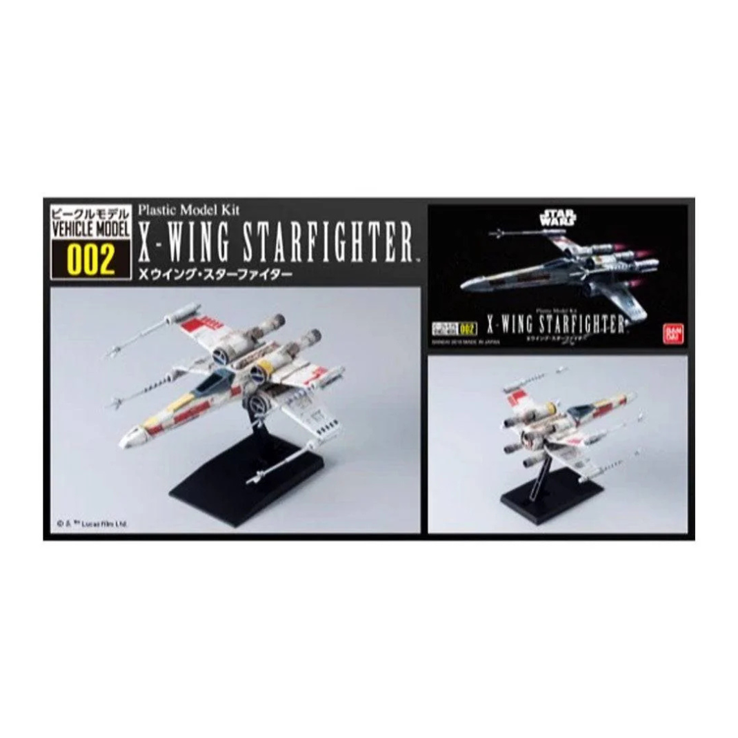 Bandai Star Wars Vehicle Model 002 X-Wing Starfighter plastic model kit, featuring the T-65 starfighter with open S-foils mounted on its black display stand.