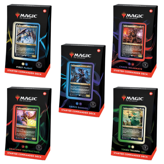 Magic The Gathering Starter Commander Deck Display 2022 all five decks English sealed First Flight Grave Danger Chaos Incarnate Draconic Destruction Token Triumph