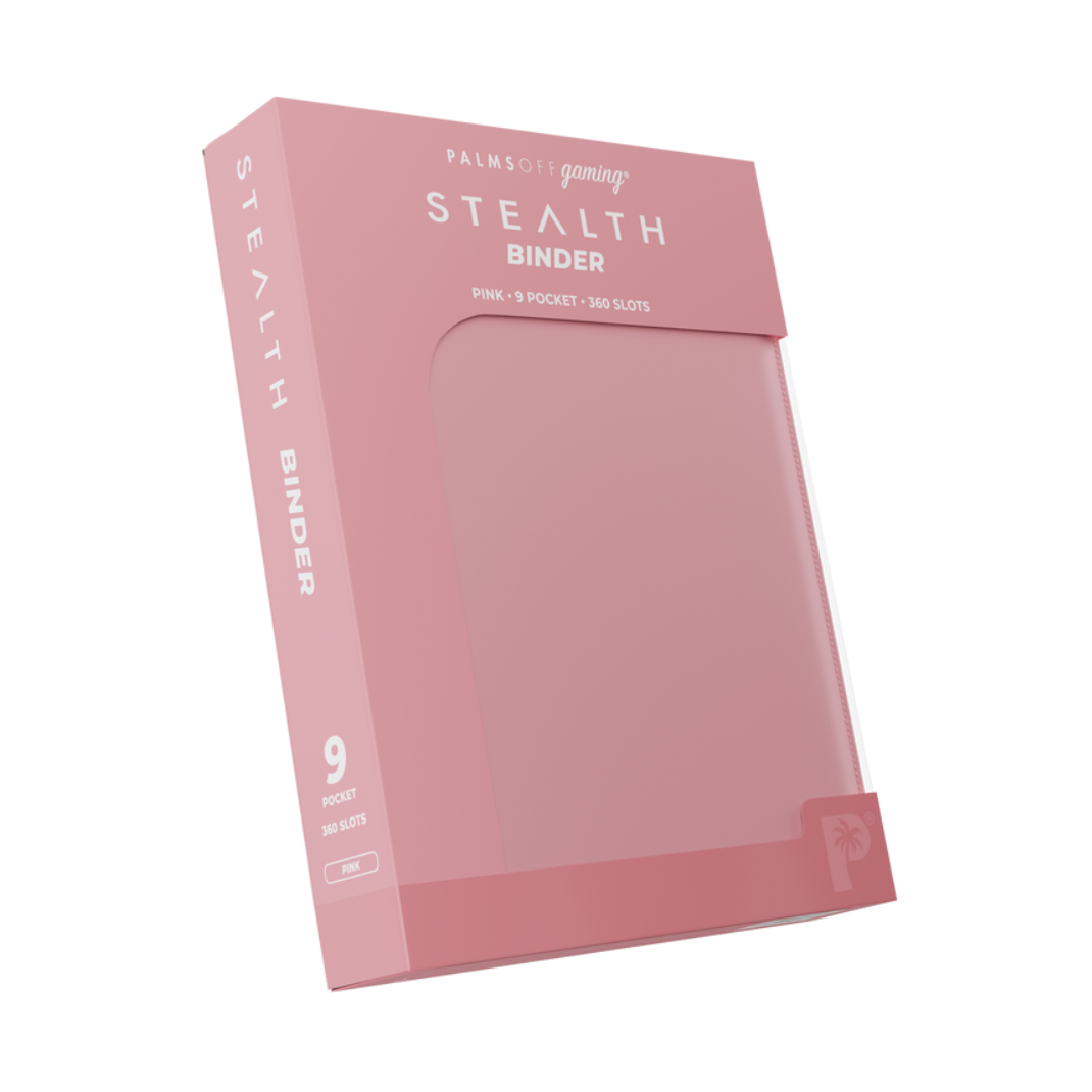 The Palms Off Gaming Stealth 9-Pocket Zip Binder in Pink, showing its smooth, logo-free water-resistant exterior and steel zipper.