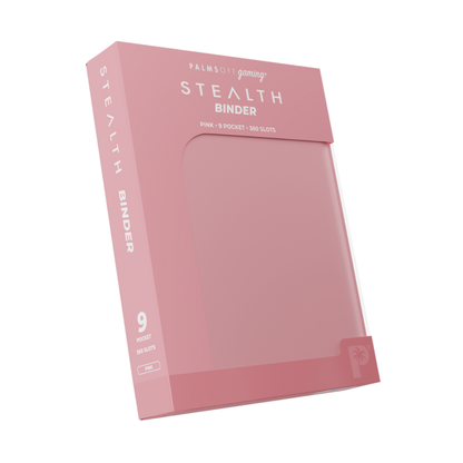 The Palms Off Gaming Stealth 9-Pocket Zip Binder in Pink, showing its smooth, logo-free water-resistant exterior and steel zipper.