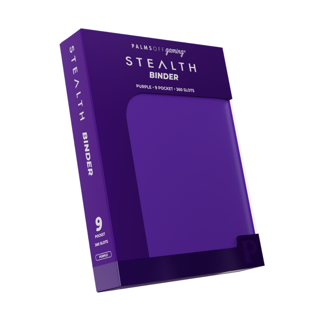 The Palms Off Gaming Stealth 9-Pocket Zip Binder in Purple, showing its smooth, logo-free water-resistant exterior and steel zipper.