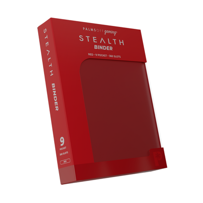 The Palms Off Gaming Stealth 9-Pocket Zip Binder in Red, showing its smooth, logo-free water-resistant exterior and steel zipper.