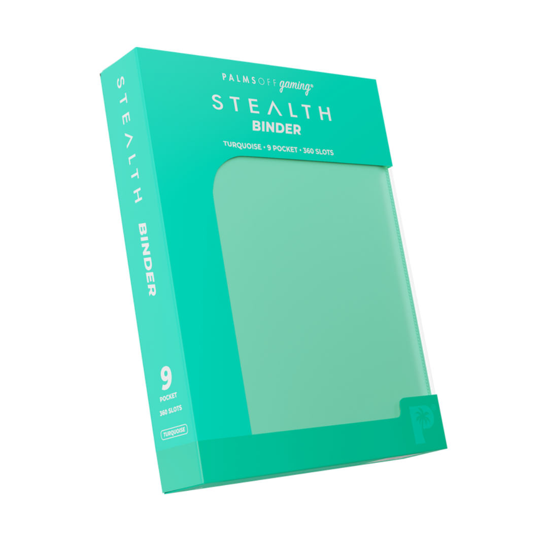 The Palms Off Gaming Stealth 9-Pocket Zip Binder in Turquoise, showing its smooth, logo-free water-resistant exterior and steel zipper.