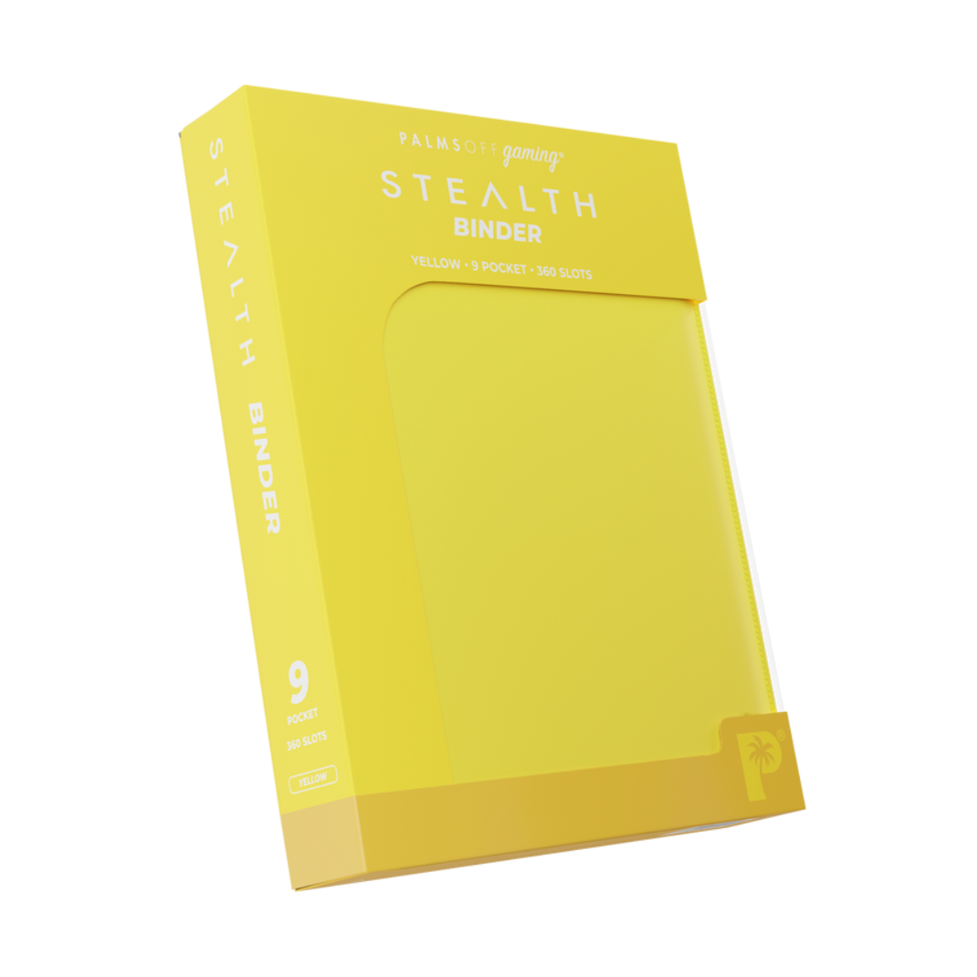 The Palms Off Gaming Stealth 9-Pocket Zip Binder in Yellow, showing its smooth, logo-free water-resistant exterior and steel zipper.