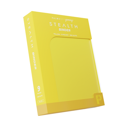 The Palms Off Gaming Stealth 9-Pocket Zip Binder in Yellow, showing its smooth, logo-free water-resistant exterior and steel zipper.