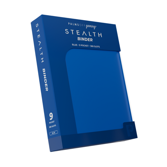 The Palms Off Gaming Stealth 9-Pocket Zip Binder in Blue, showing its smooth, logo-free water-resistant exterior and steel zipper.