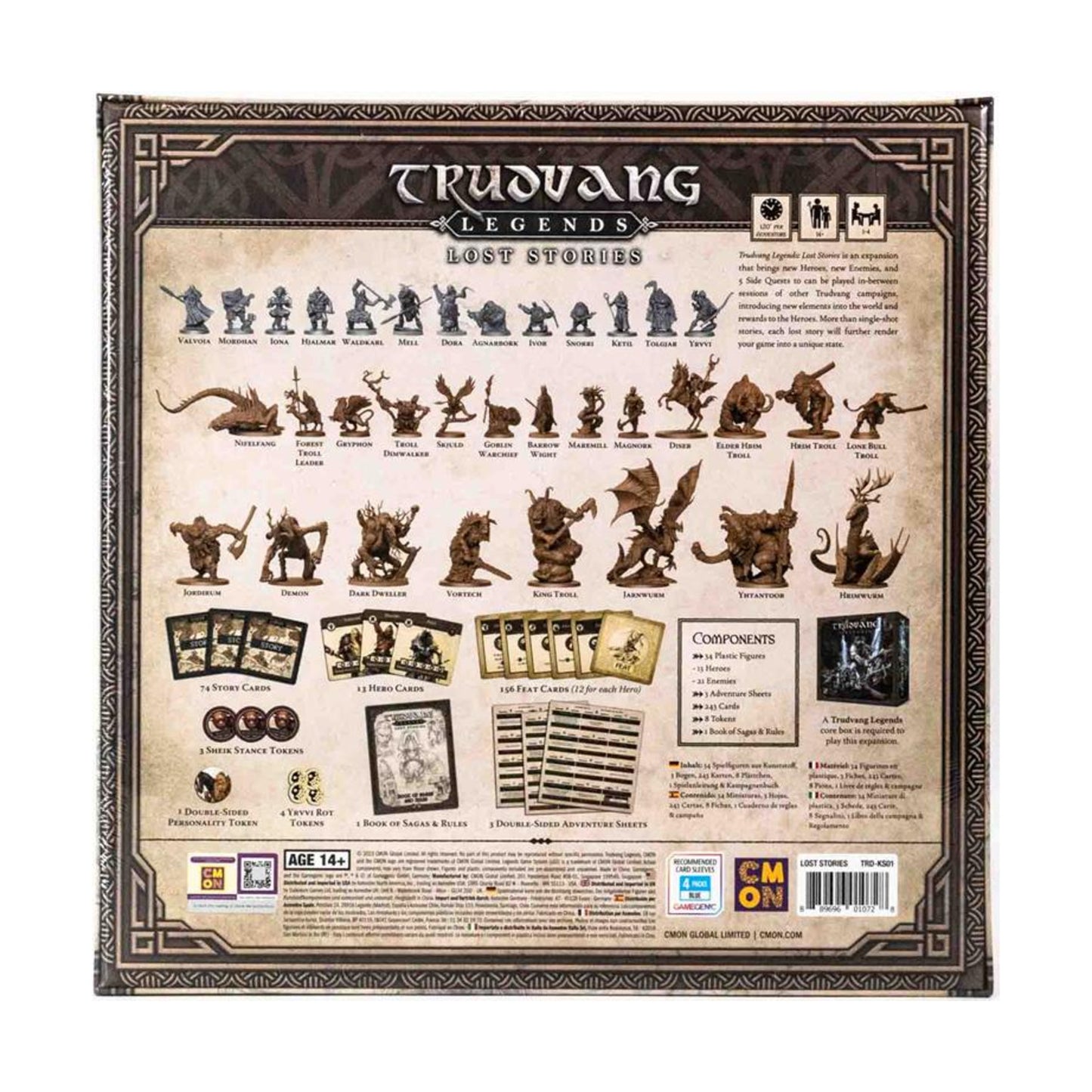 The Kickstarter Exclusive Trudvang Legends: Lost Stories expansion box, showcasing a collection of 33 unpainted plastic miniatures, the Storybook, and hundreds of game cards.