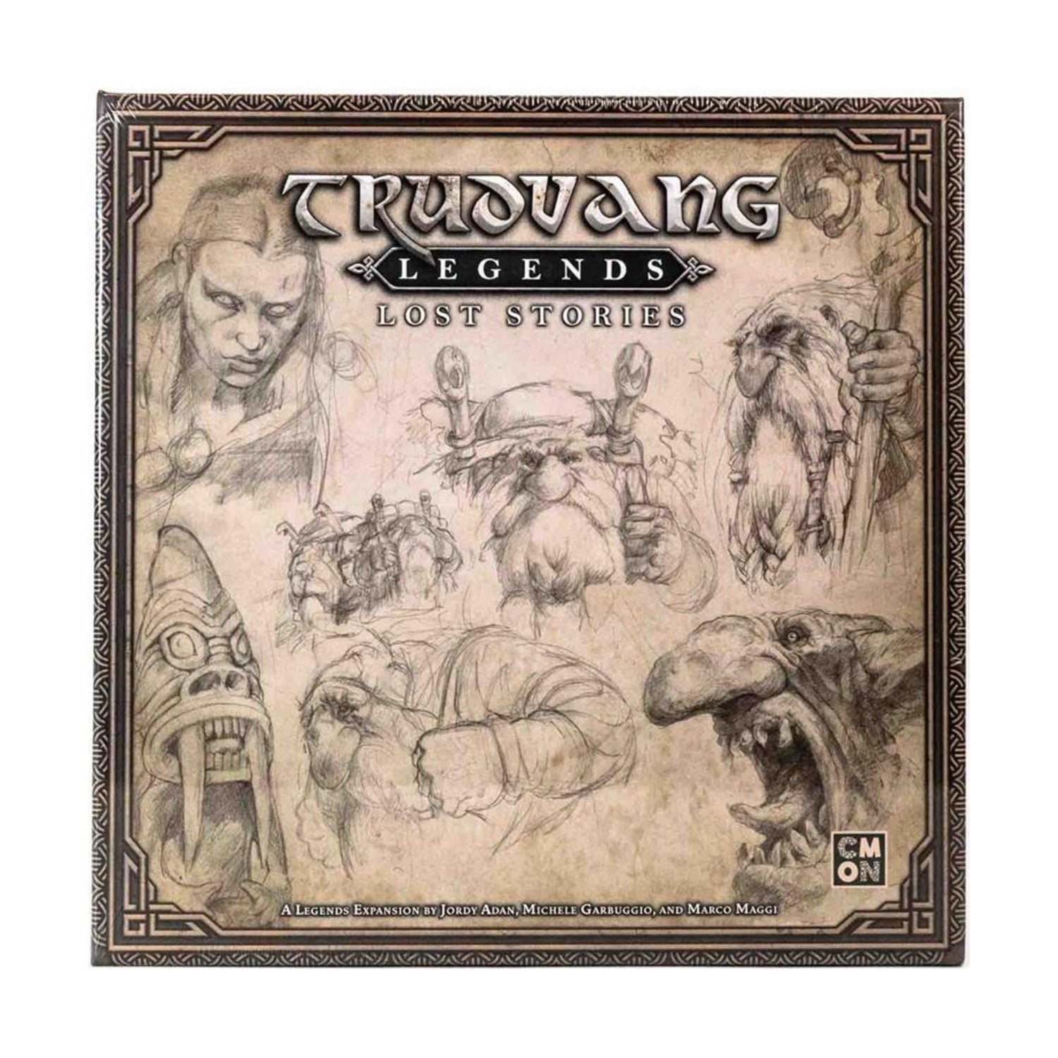 The Kickstarter Exclusive Trudvang Legends: Lost Stories expansion box, showcasing a collection of 33 unpainted plastic miniatures, the Storybook, and hundreds of game cards.