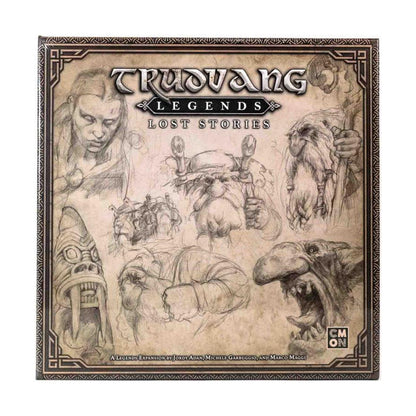 The Kickstarter Exclusive Trudvang Legends: Lost Stories expansion box, showcasing a collection of 33 unpainted plastic miniatures, the Storybook, and hundreds of game cards.